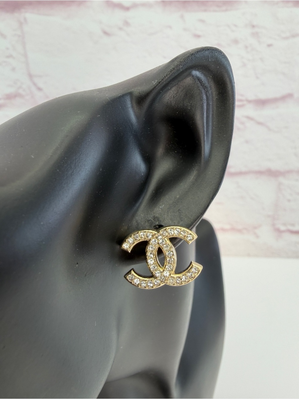 CHANEL Classic Crystal CC Logo Stud Earrings Gold Tone
